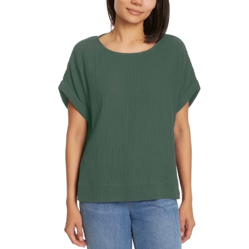 Gloria Vanderbilt Green Cotton Double Gauze Short Sleeve Top •L• Boho Casual